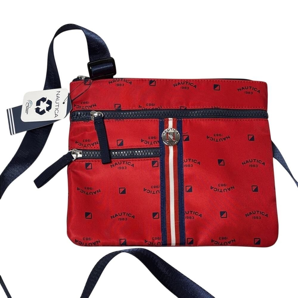 NWT Nautica Red Nylon Crossbody Bag Navy Strap Zip Pocket Sporty Preppy